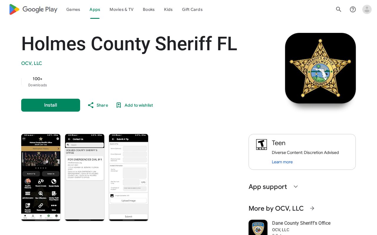 Google Play page for Holmes County Sheriff FL app