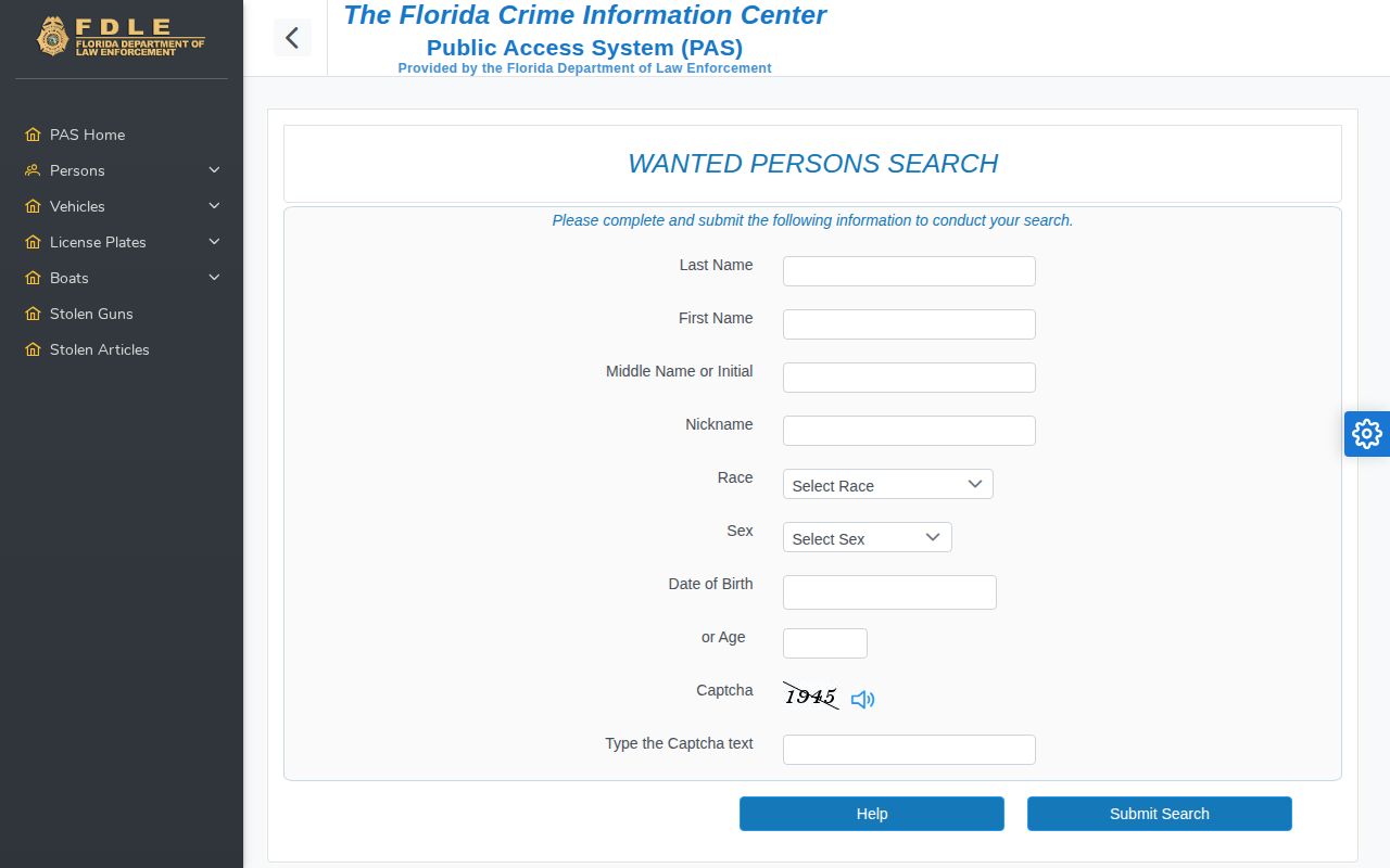 FDLE wanted person search interface