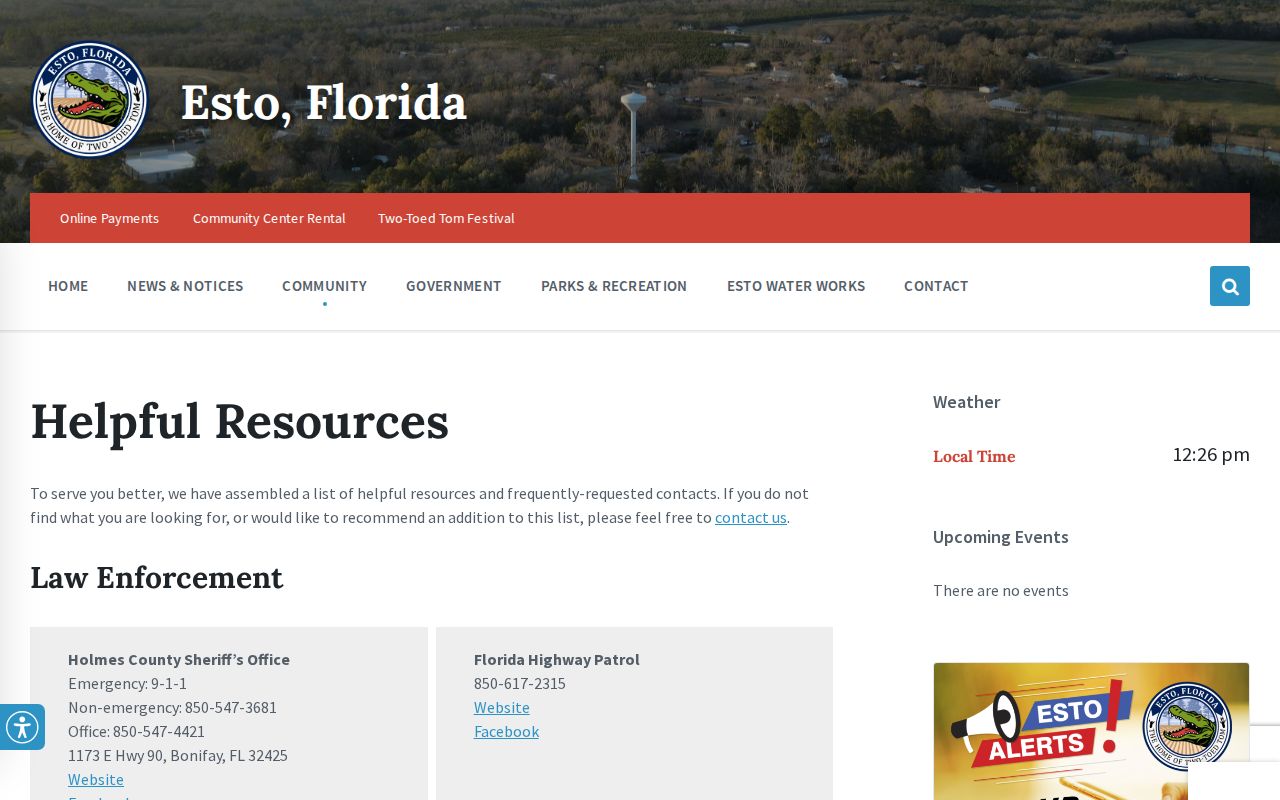 Town of Esto Helpful Resources page directing law-enforcement questions to Holmes County Sheriff